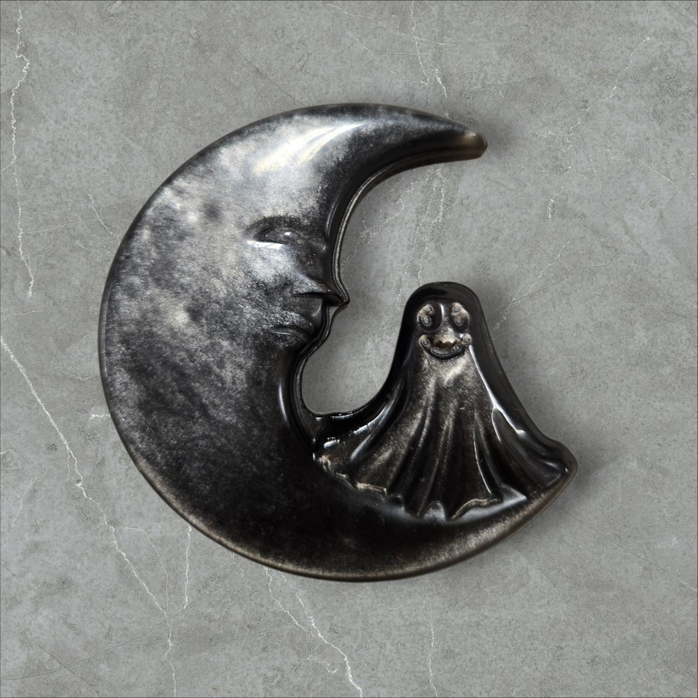 Silver Sheen Black Obsidian Moon With Ghost